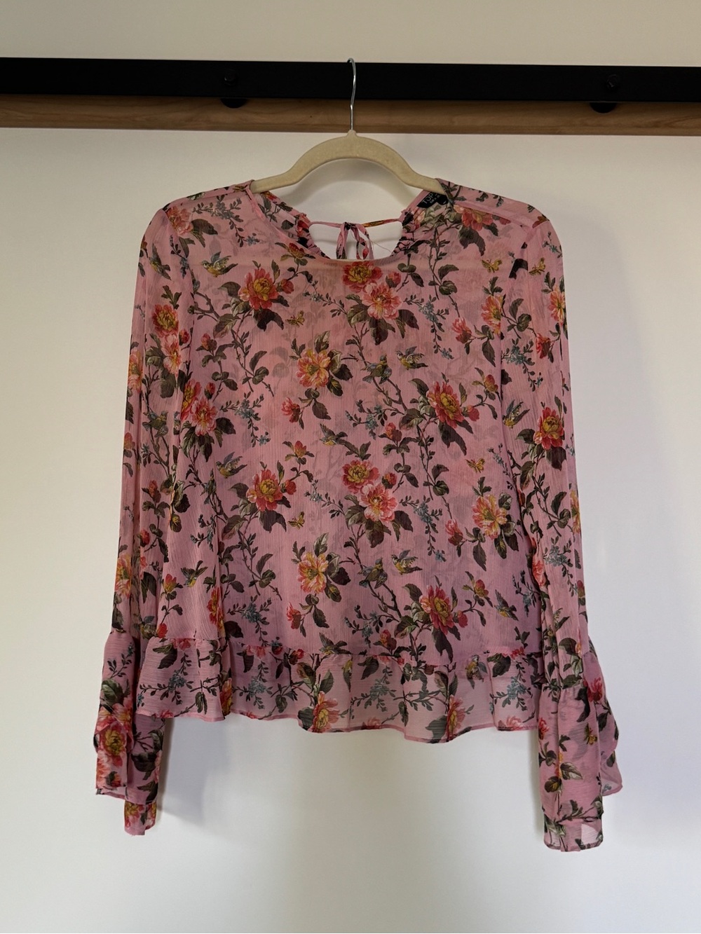 Topshop Pink Floral Ruffle-Hem Long Sleeve Blouse